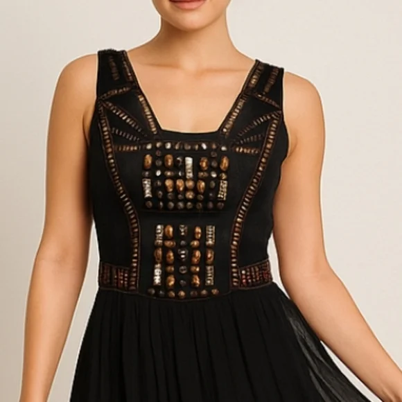 SUE WONG Nocturne Black Beaded Silk Cocktail Dress sz 6 - Picture 2 of 13